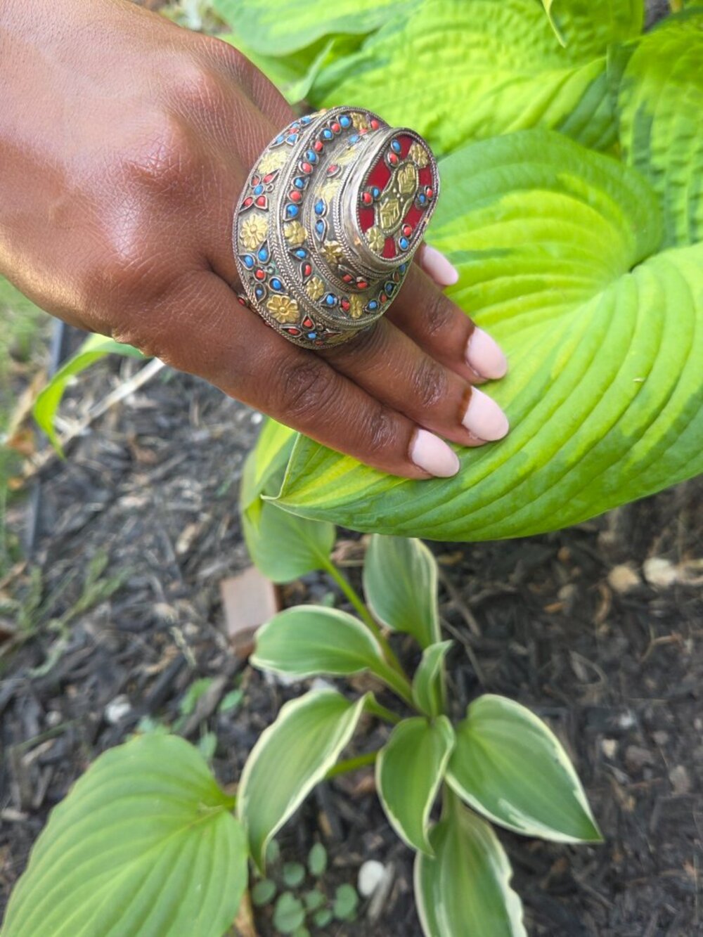 Vintage Turkmen Double Finger Ring Central Asian Tribal Silver Turquoise Coral - Picture 4 of 13